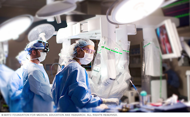 A surgical team assists at the operating table during robot-assisted heart surgery.