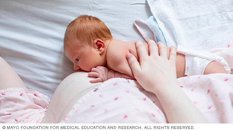 Woman breastfeeding with side-lying position