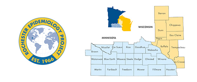 Map showing 27 counties participating in the Rochester Epidemiology Project from Minnesota and Wisconsin