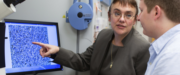 Virginia M. Shapiro, Ph.D., points to a microscopy image on a monitor while a colleague observes.