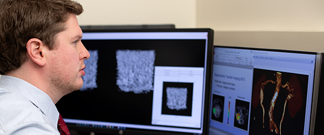 Photograph of a researcher in front of images on computer screens in the Lerman lab