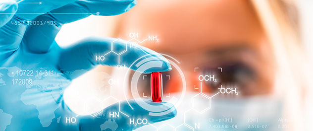 Researcher holding pill with overlay of molecular structure diagram