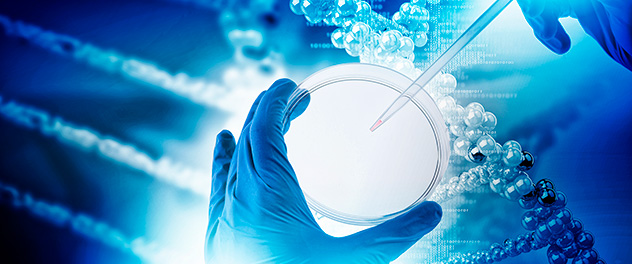 Hands holding petri dish and pipette in foreground; 3D DNA helix illustration in background