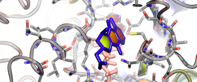 Computer-generated design showing novel designer drug (ligand) bound to cancer target DNMT3B