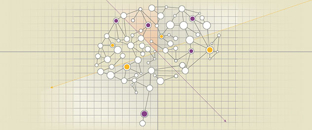 Grid of brain with connected location circles and diagonal vector bisecting