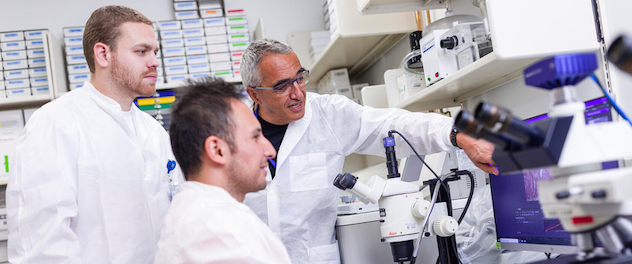 Khashayarsha Khazaie, Ph.D., director of the Clinical Immunology and Immunotherapeutics Program, reviewing research findings with two colleagues