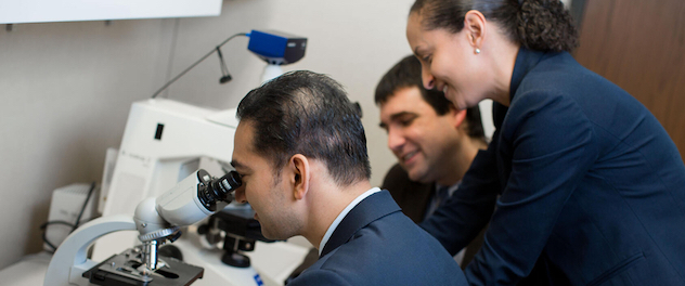 Three researchers reviewing findings