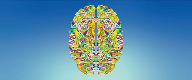 Artist rendering of a human brain in front of a blue background