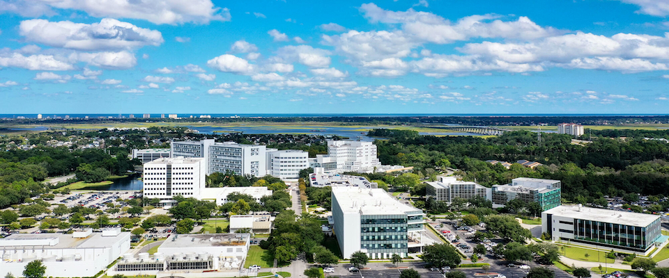 Aerial view from the west of the Mayo Clinic Jacksonville campus.